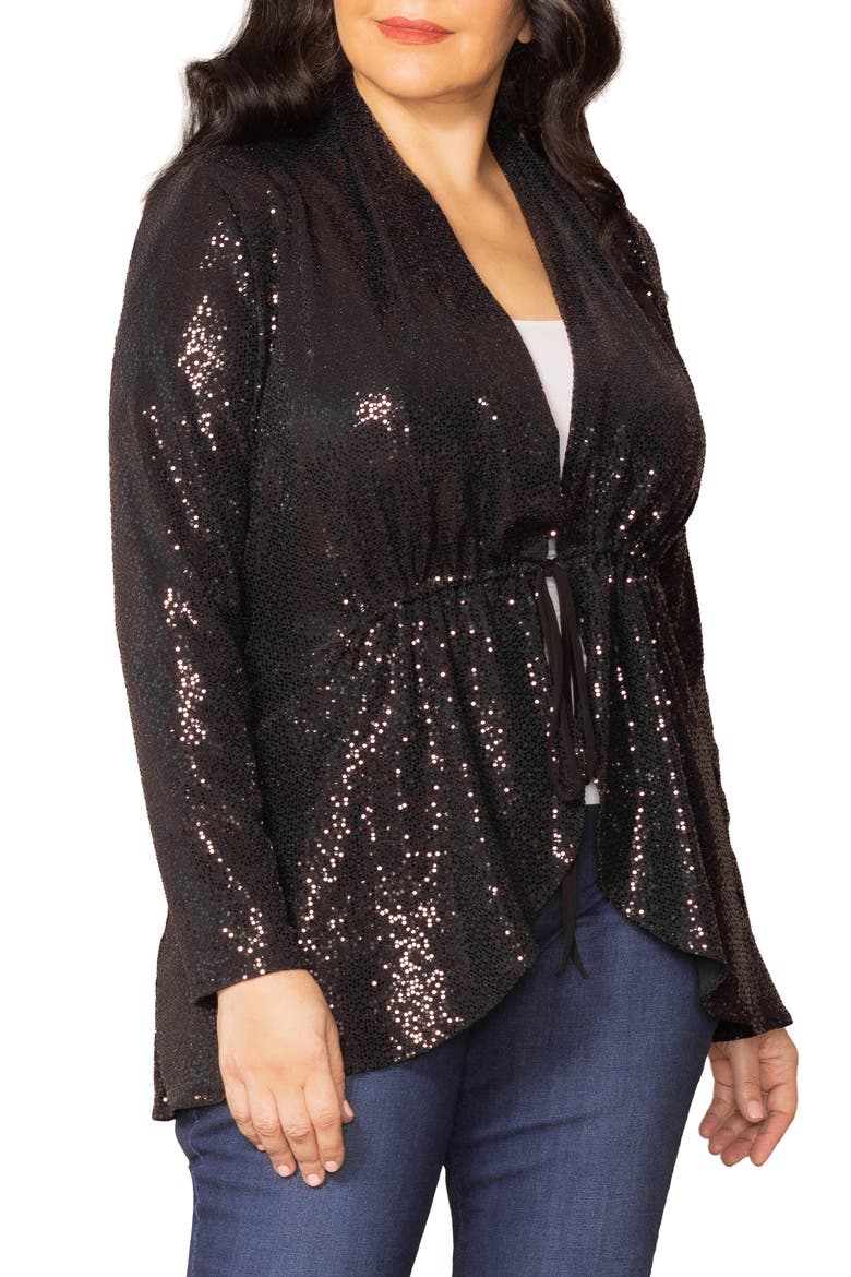 Glitz & Glam Sequin Tie Waist Jersey Jacket, Alternate, color, ONYX