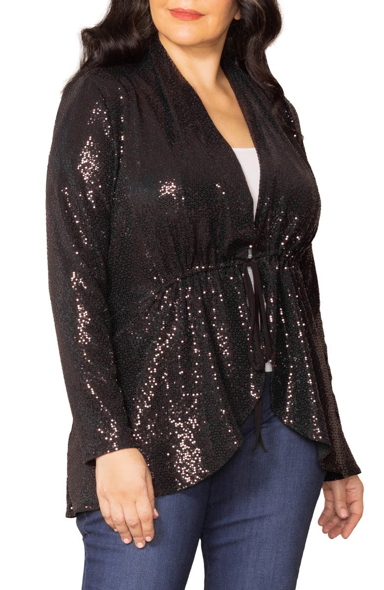 Kiyonna Glitz & Glam Sequin Tie Waist Jersey Jacket, Alternate, color, Onyx
