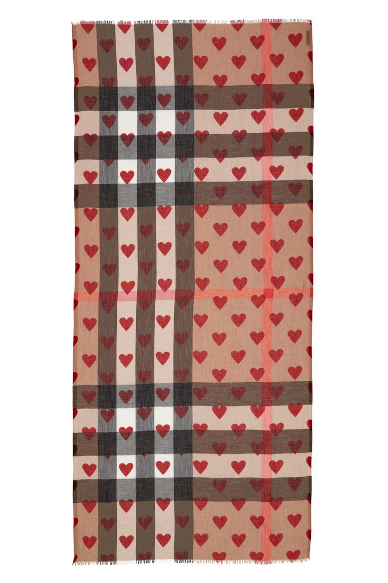 Check & Heart Pattern Scarf, Alternate, color, CAMEL/ RED