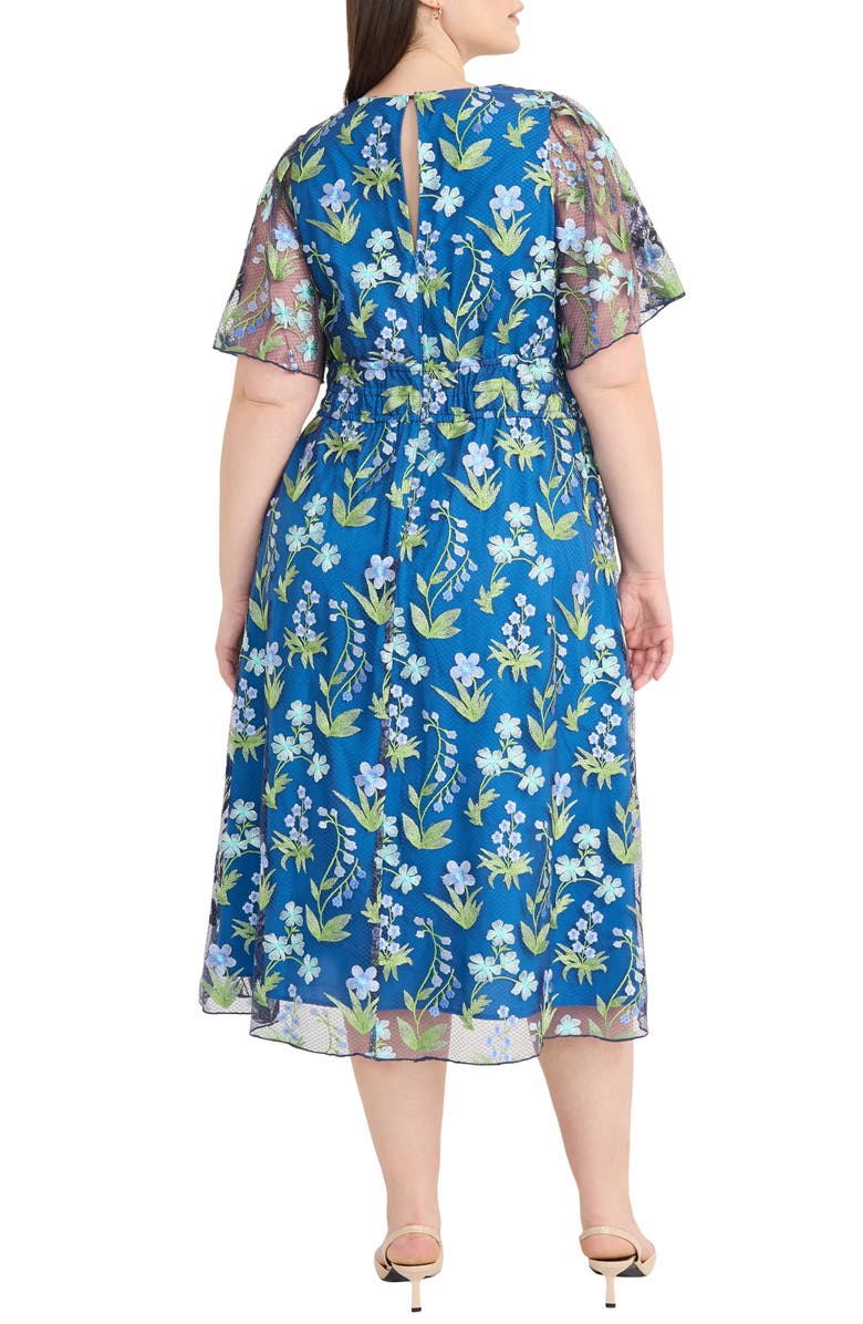 Maggy London Floral Embroidered Short Sleeve Midi Dress, Alternate, color, Blue/ Green