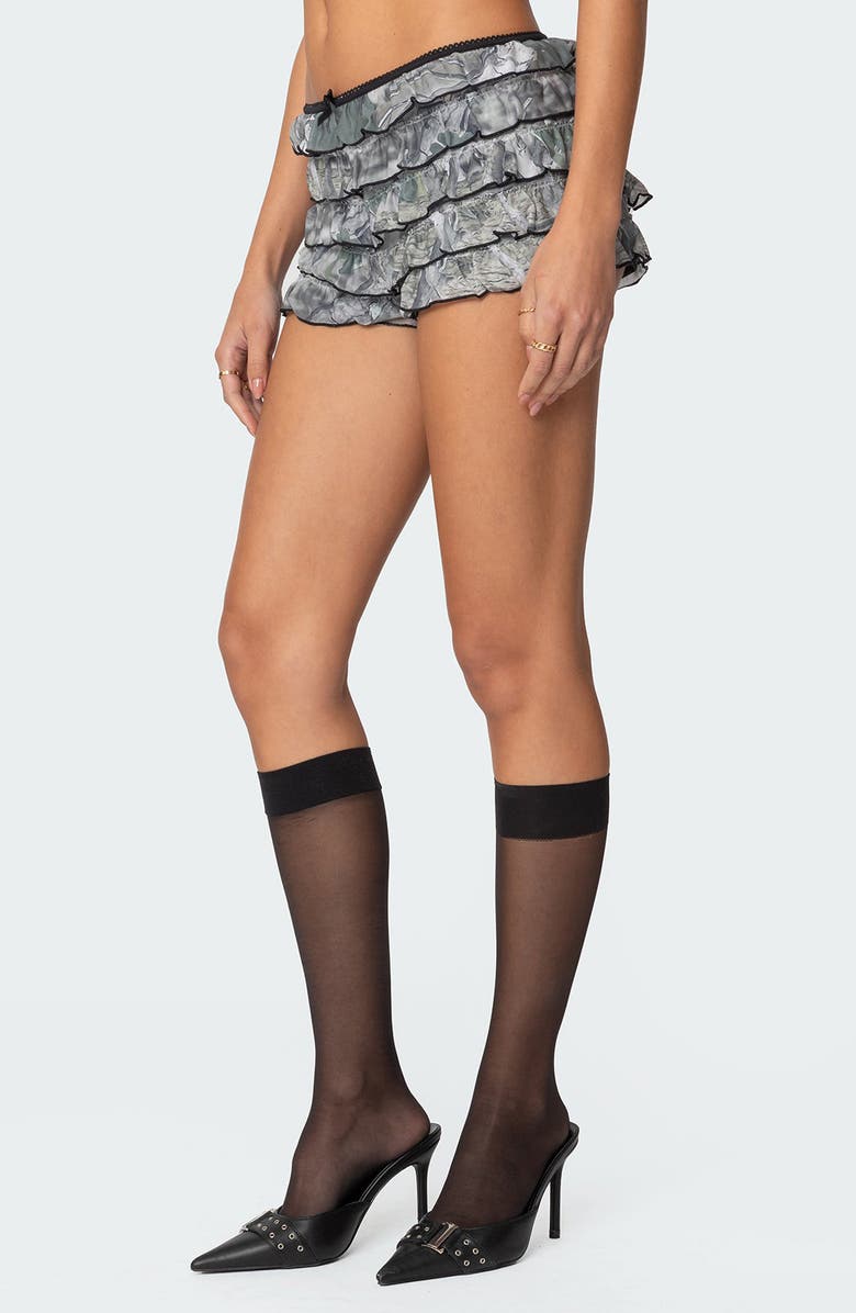 EDIKTED Ruffle Camo Mesh Low Rise Micro Shorts, Alternate, color, Olive