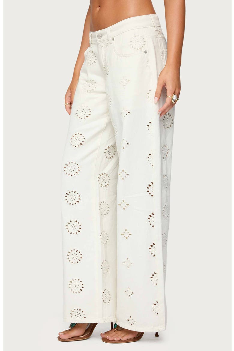 Eyelet Embroidered Low Rise Wide Leg Jeans, Alternate, color, WHITE