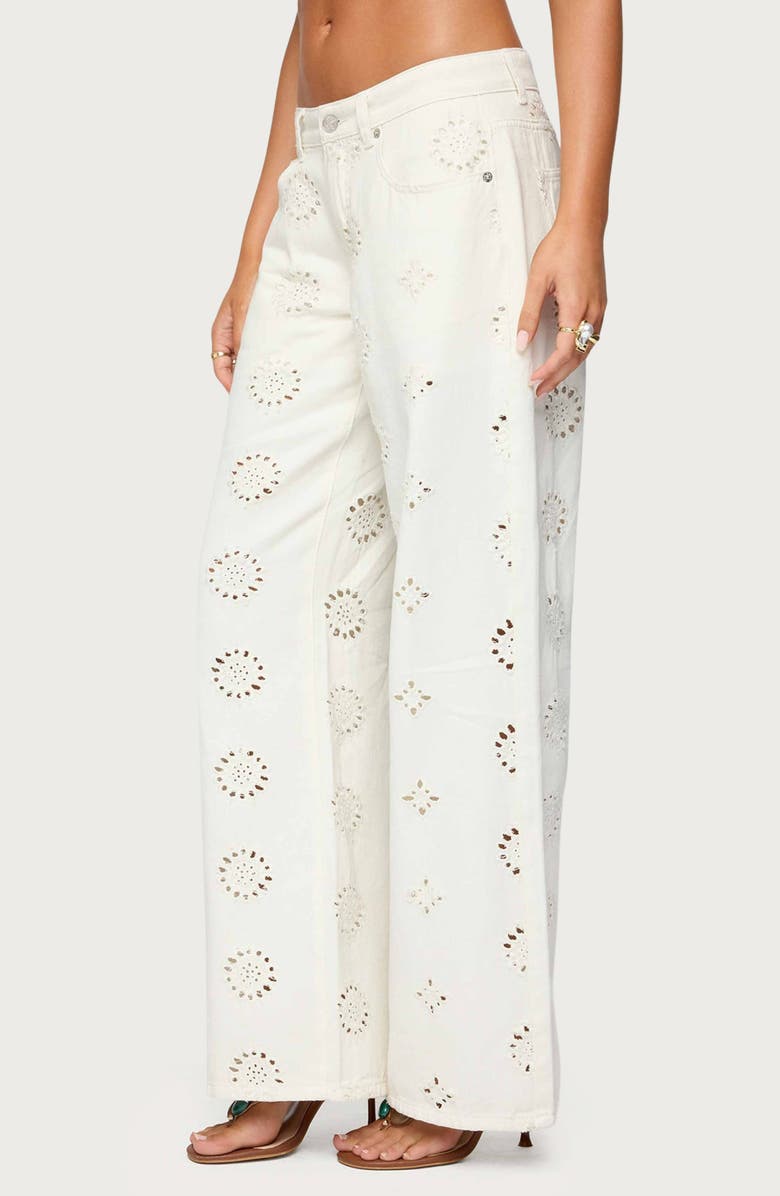 EDIKTED Eyelet Embroidered Low Rise Wide Leg Jeans, Alternate, color, White