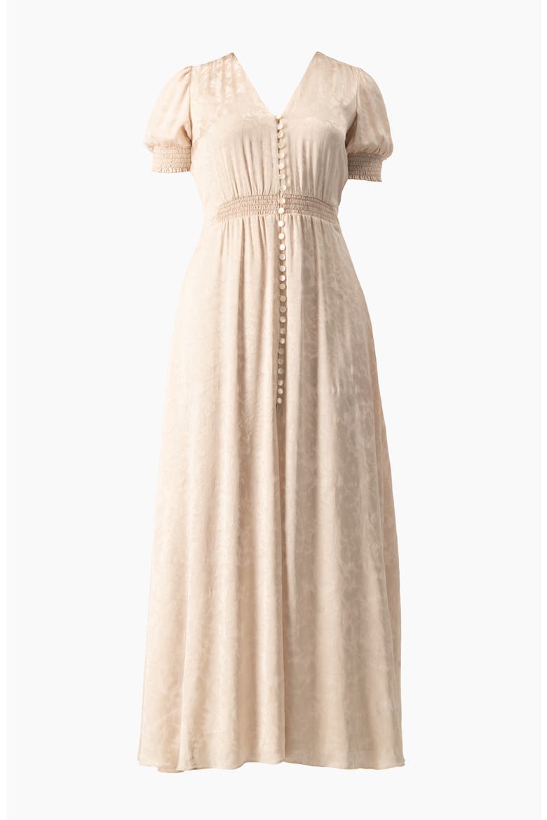 Jacquard Satin Button-Front Maxi Dress with Puff Sleeve and Smocked Waist, Alternate, color, Beige