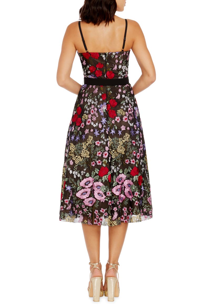 Carlita Floral Embroidery Bustier Midi Dress, Alternate, color, BLACK ROUGE MULTI