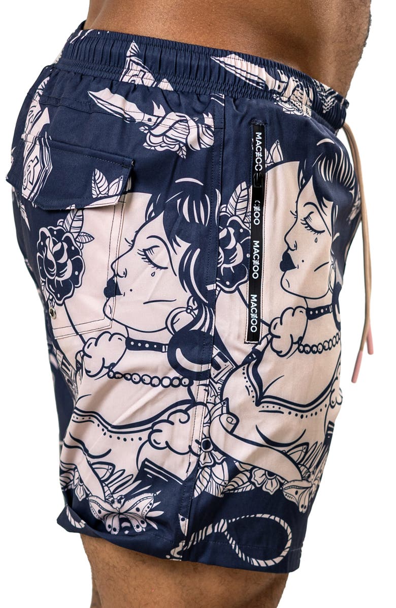 Maceoo Martyr Print Swim Trunks, Alternate, color, Black