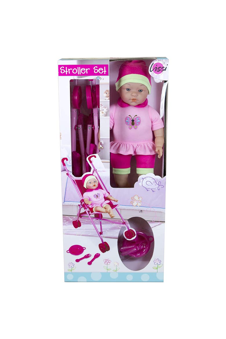 16 Inch Baby Doll & Umbrella Stroller Set, Pink Butterfly Outfit, Hat, Alternate, color, Pink