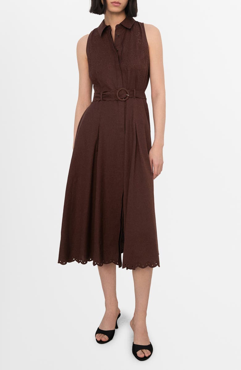 MANGO Floral Embroidered Belted Cotton & Linen Shirtdress, Main, color, Brown