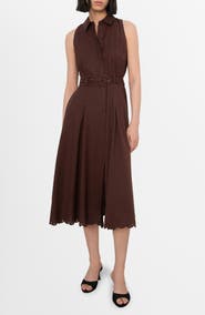 MANGO Floral Embroidered Belted Cotton & Linen Shirtdress