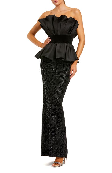 Strapless Satin Peplum Top With Sequin Skirt Gown