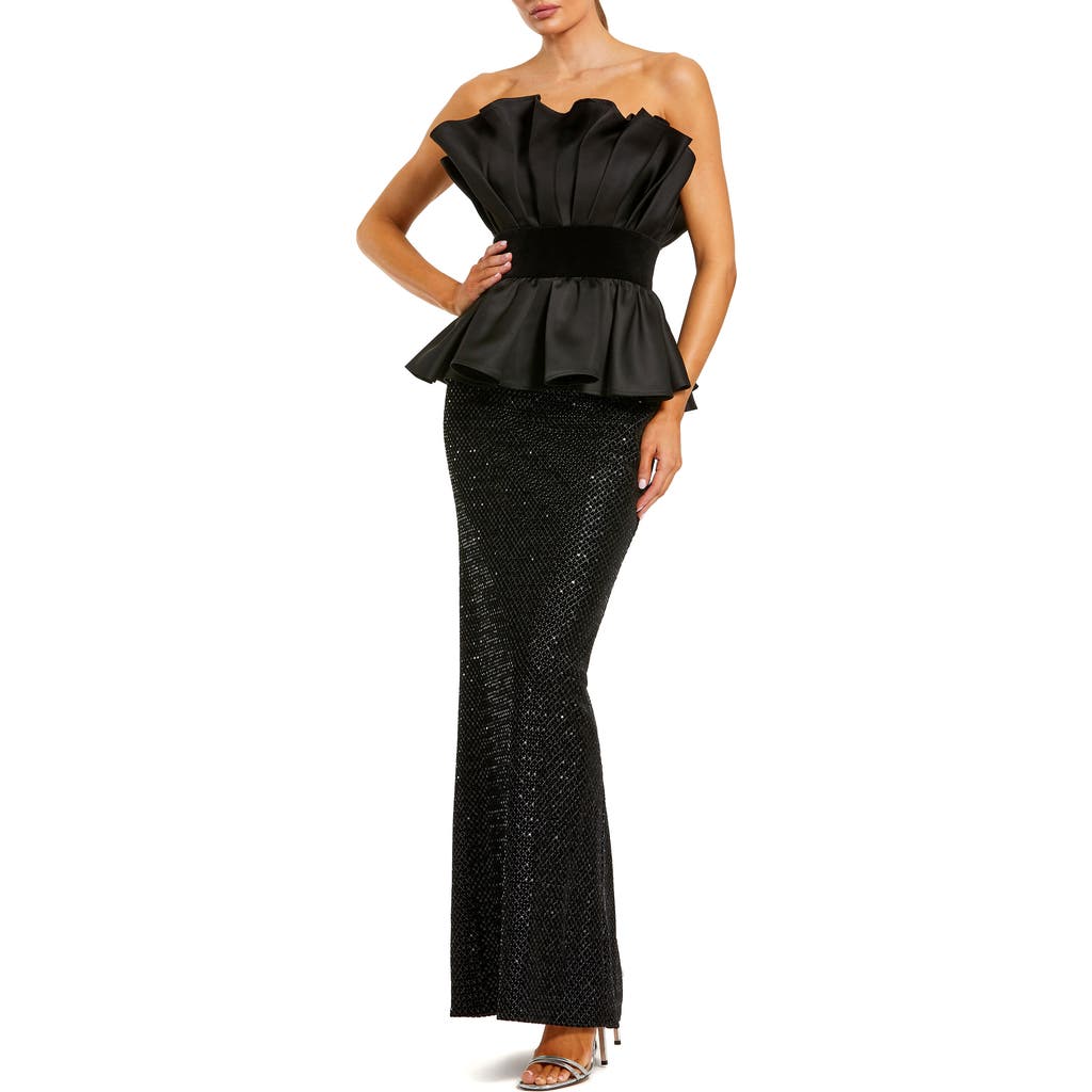 Mac Duggal Strapless Satin Peplum Top With Sequin Skirt Gown In Black