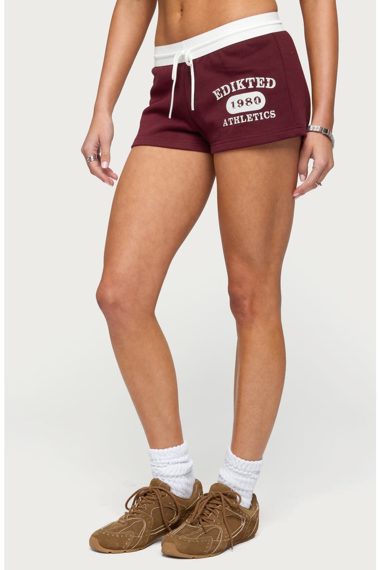 Athlete Contrast Waist Drawstring Micro Shorts, Alternate, color, BURGUNDY