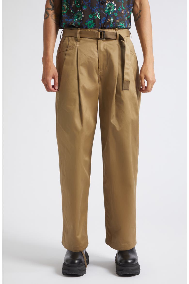 Belted Pleat Front Cotton Chinos, Main, color, DARK BEIGE
