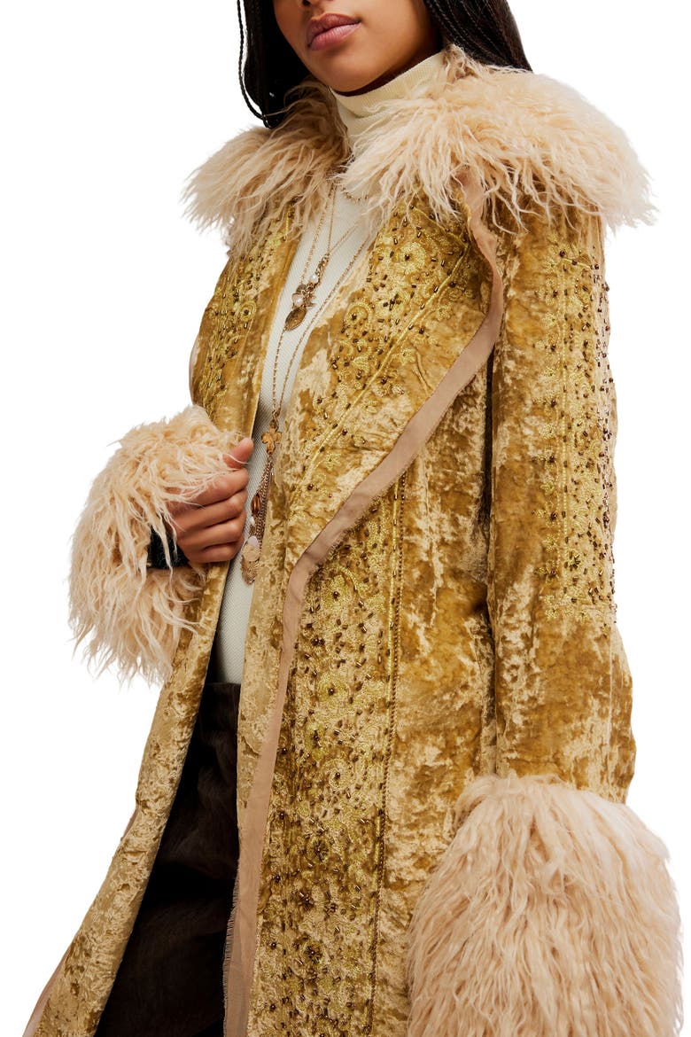 Pyre Embellished Faux Fur Detail Crushed Velvet Jacket, Alternate, color, GOLD COMBO