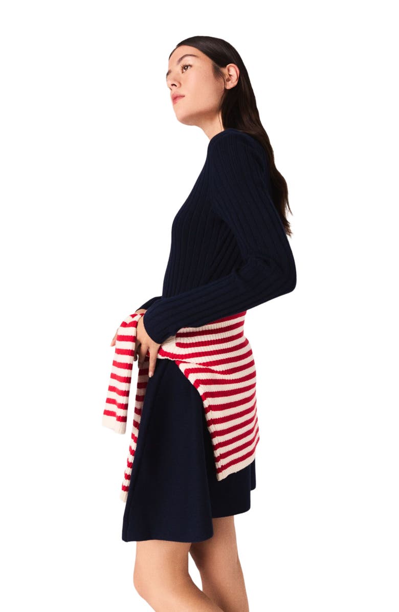 maje Mini knit dress with flared skirt, Alternate, color, Navy