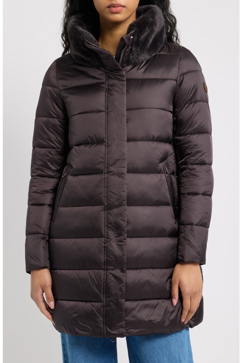 Dalea Faux Fur Collar Longline Puffer Jacket, Main, color, BROWN BLACK