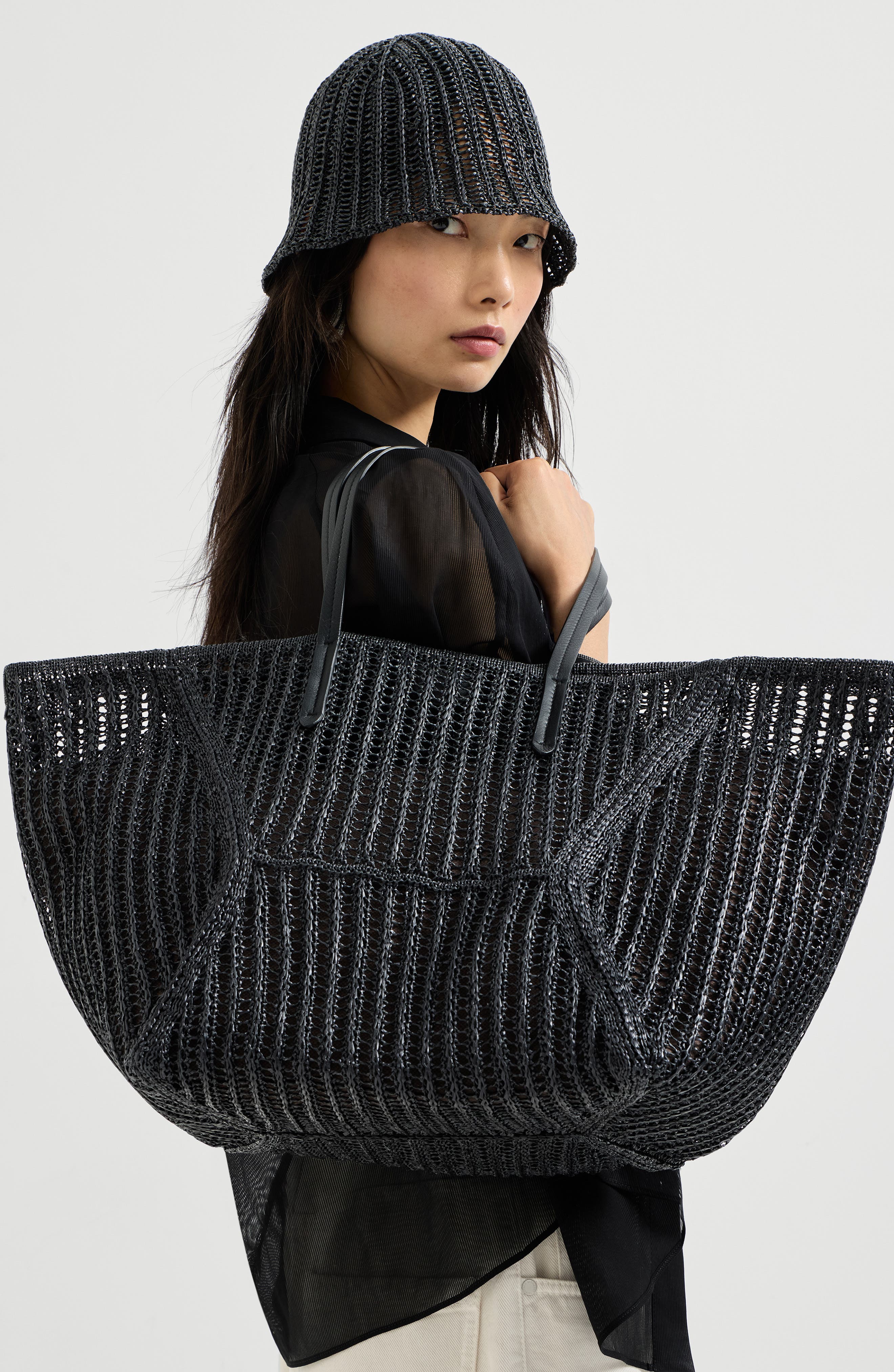 Brunello Cucinelli Techno raffia BC Duo bag, Alternate, color, Black