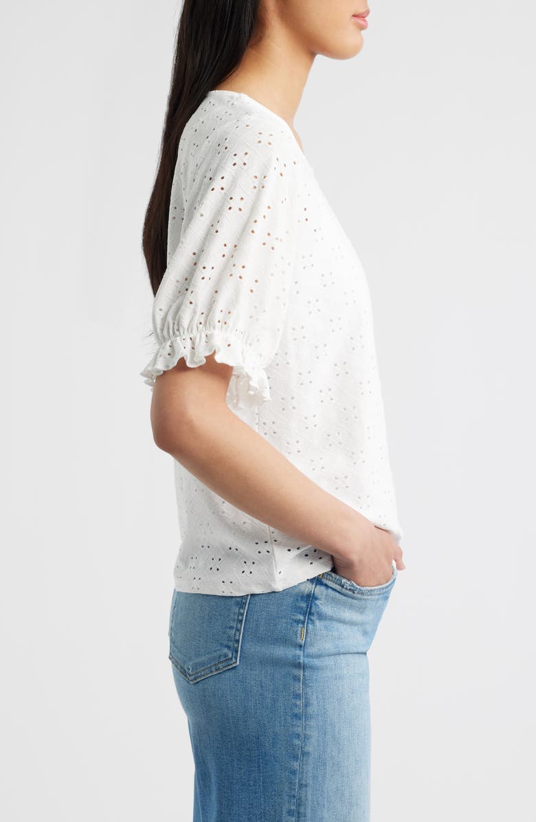 Bobeau Elbow Sleeve Eyelet Top, Alternate, color, White