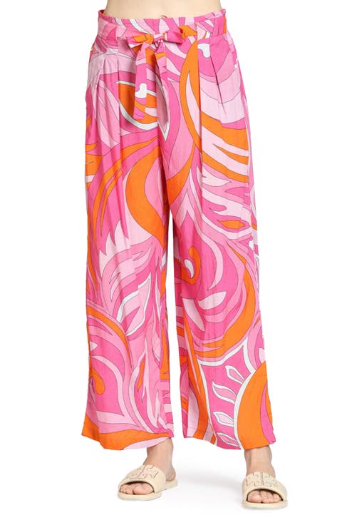 Print Tie Waist Crop Wide Leg Pants