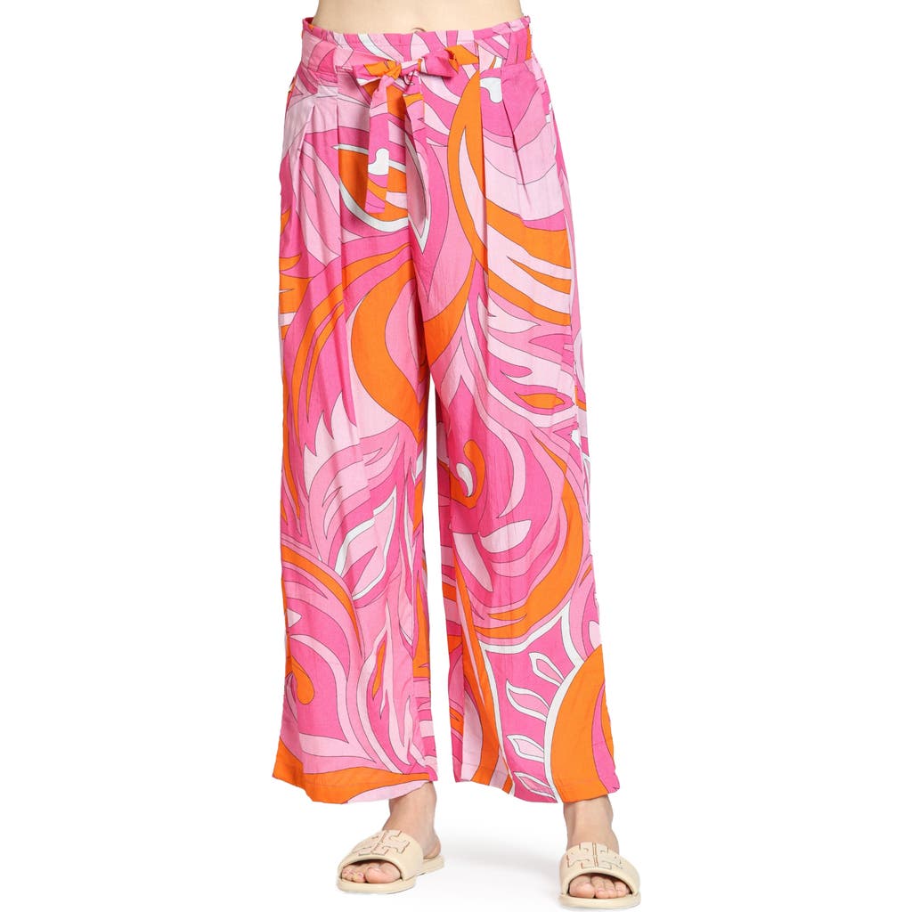 Apny Print Tie Waist Crop Wide Leg Pants In Pink