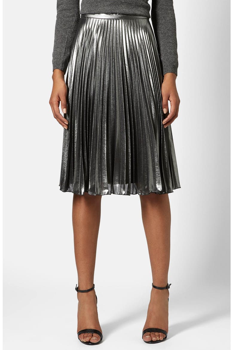 Pleated Midi Skirt, Main, color, SILVER