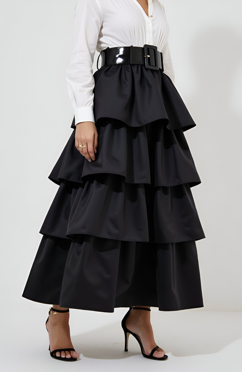 Modenaire Tiered Ruffle Midi Skirt With Wide Belt And Layered Hem In Black