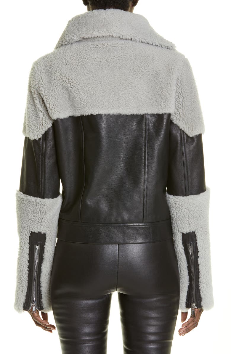 Rick Owens Asymmetric Leather & Genuine Shearling Jacket, Alternate, color,