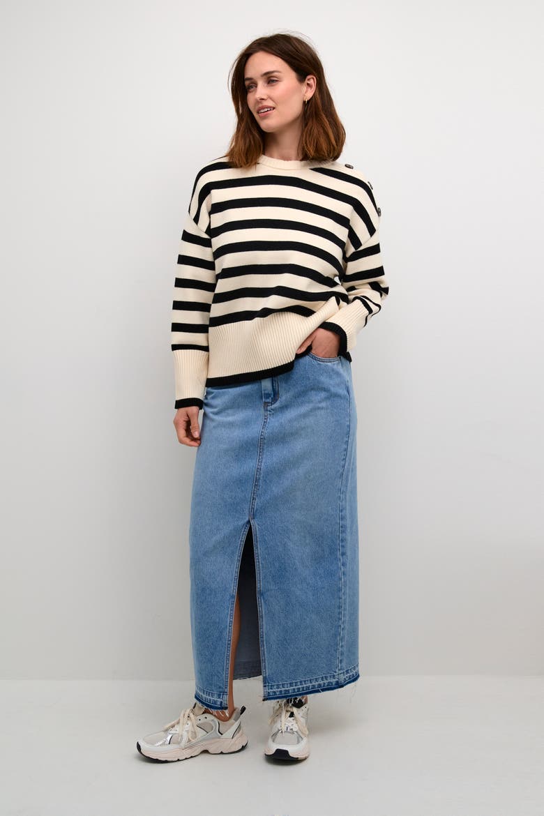 Marie Round Neck Casual Fit Pullover, Alternate, color, Ant. white/Black Stripe