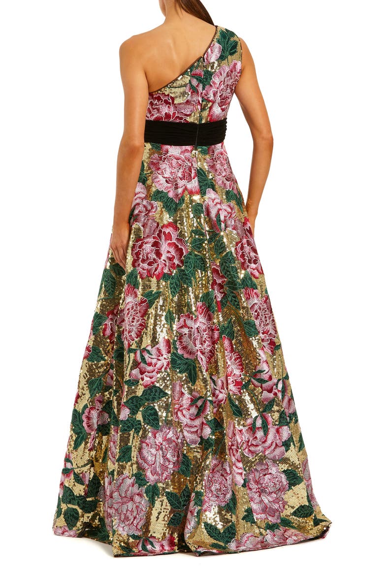 One Shoulder Sequin Ballgown With Velvet Bow, Alternate, color, Gold Multi