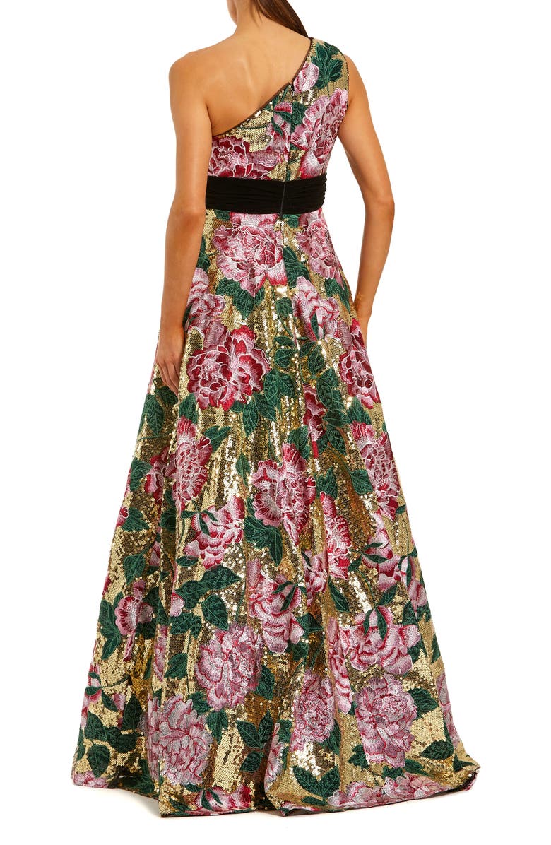 Mac Duggal One Shoulder Sequin Ballgown With Velvet Bow, Alternate, color, Gold Multi