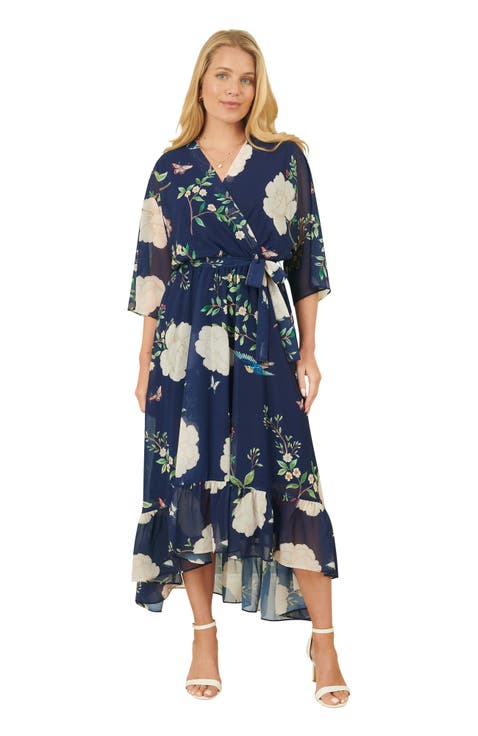 Bird And Floral Print Midi Wrap Dress
