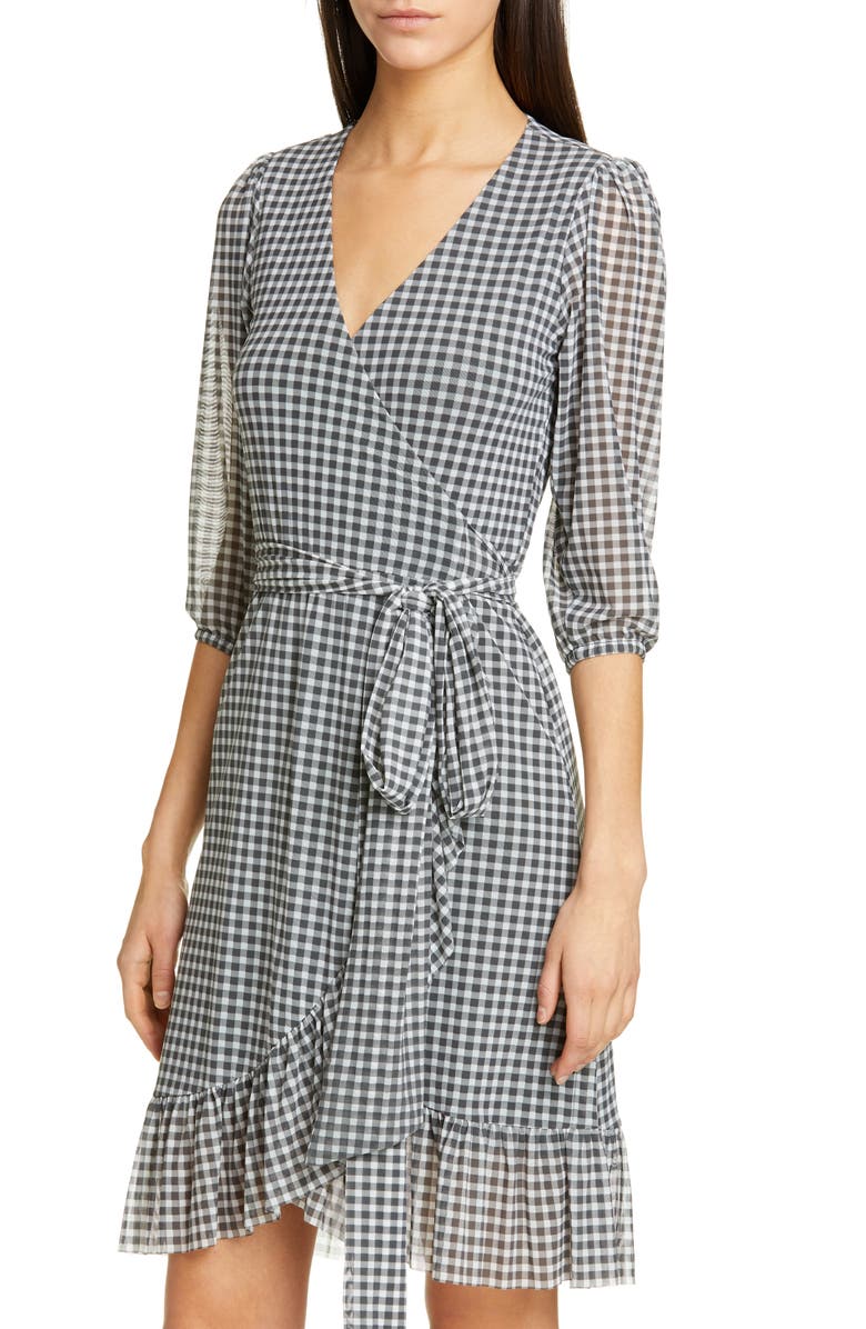 Ganni Check Print Mesh Wrap Dress, Alternate, color,