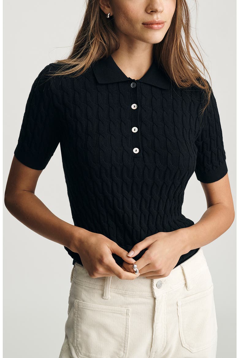 Cable Stitch Short Sleeve Cotton & Cashmere Polo Sweater, Main, color, BLACK