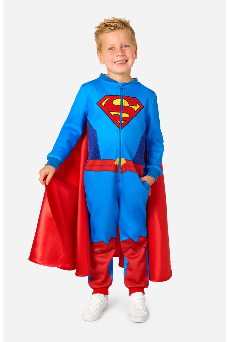 Kids' Superman One-Piece Hooded Jumpsuit, Main, color, BLUE
