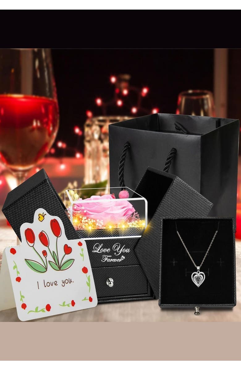 Lovery Preserved Pink Rose with Led Lights & Double Heart Necklace, "I Love You" in 100 Languages, Alternate, color, Black, Pink