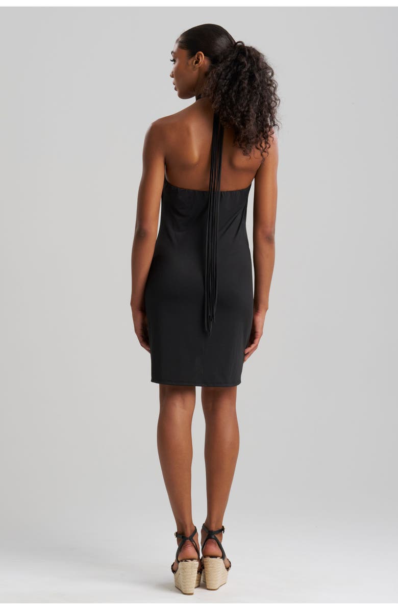 Natori Solid Jersey Halter cover-up Dress w/ Hand Carved Wood Rings, Alternate, color, Black