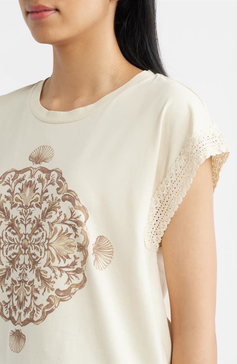 CITY BLUES Lace Trim Dolman Sleeve Stretch Cotton Graphic T-Shirt, Alternate, color, Parchment