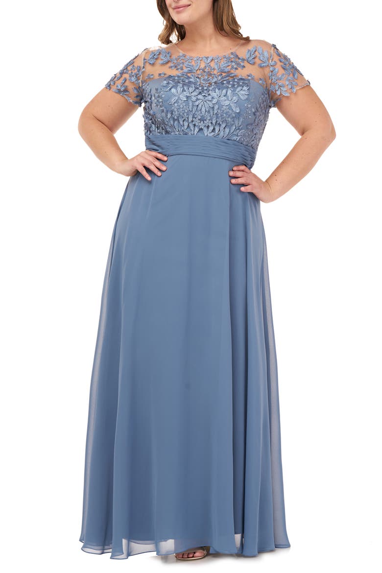 Floral Embroidered Chiffon Gown, Main, color, MINERAL BLUE