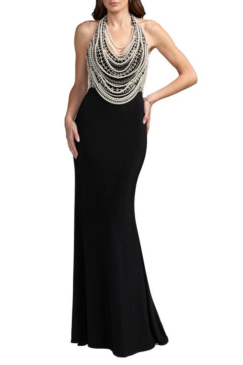 Beaded Halter Neck Jersey Gown