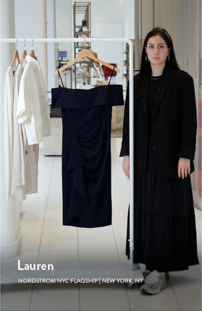 Off the Shoulder Ruffle Scuba Crepe Cocktail Dress, sales video thumbnail