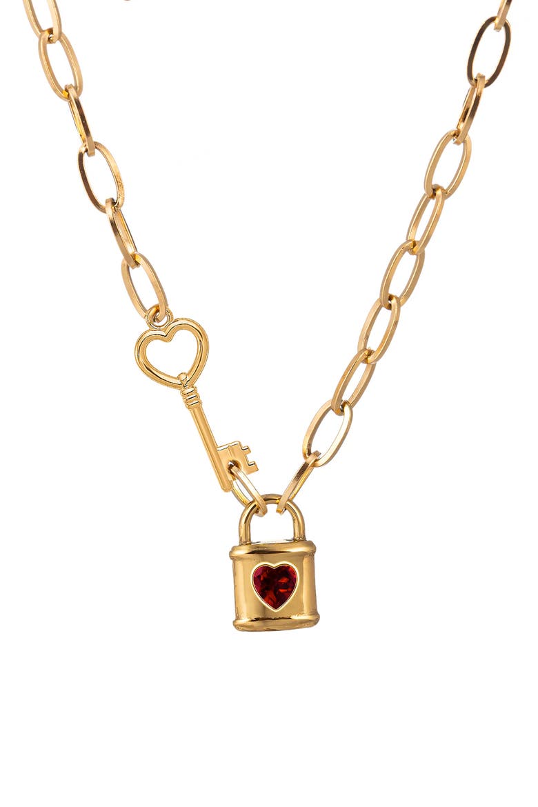 Ivanna Cubic Zirconia Lock & Key Pendant Necklace, Main, color, GOLD