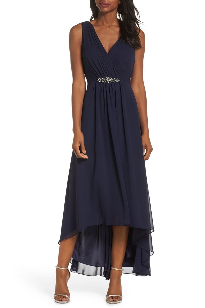 Embellished High/Low Chiffon Dress, Main, color, NAVY
