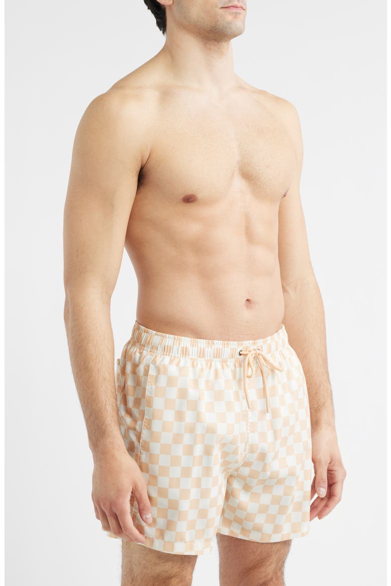Checkerboard Print Swim Trunks, Alternate, color, SAND/ CREAM