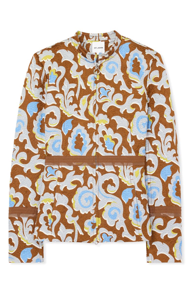 ST. JOHN Western Paisley Print Cotton Blend Matelassé Zip-Up Jacket, Alternate, color, Saddle Multi