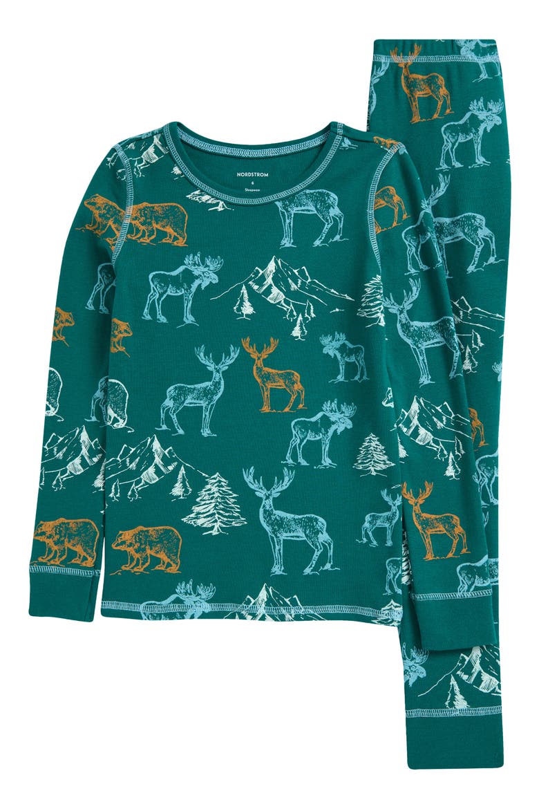 Kids' Print Fitted Cotton Pajamas, Main, color, GREEN STORM MOUNTAIN ANIMALS