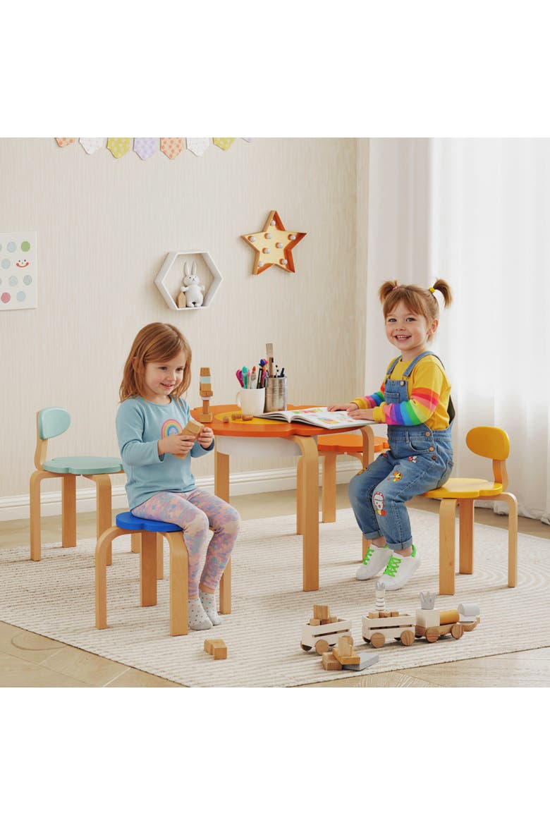 Piece Kids Table and Chairs Set Flower Shaped Toddler Table and Chair Set with Built in Storage for Drawing Reading Art Craft Activity, Alternate, color, multi-coloured