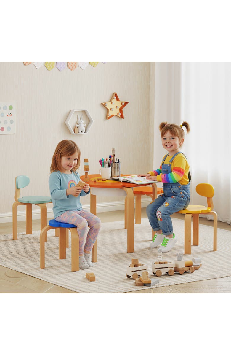 Qaba Piece Kids Table and Chairs Set Flower Shaped Toddler Table and Chair Set with Built in Storage for Drawing Reading Art Craft Activity, Alternate, color, Multi-Coloured