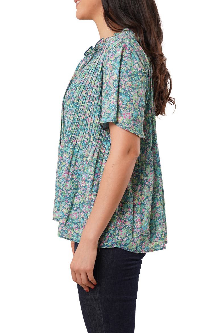 Ruffle Pleated Tie Neck Short Sleeve Top, Alternate, color, JUNIPER