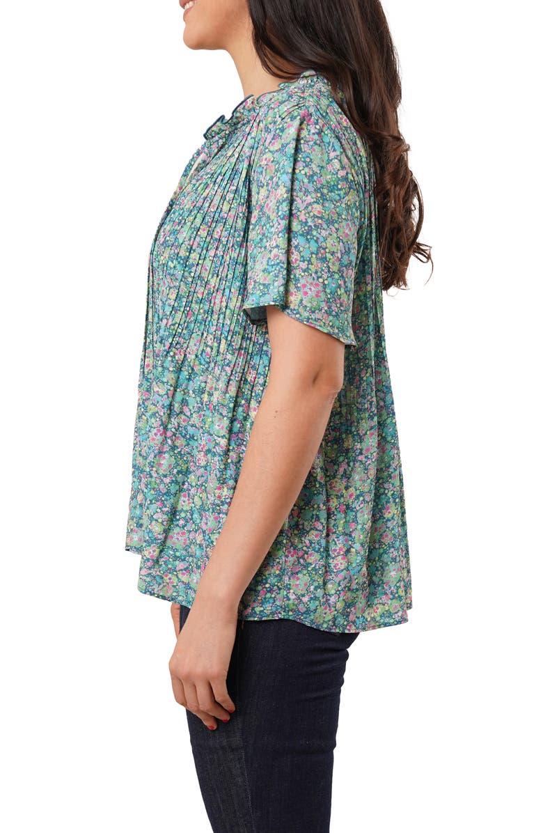 SUNNY LEIGH Ruffle Pleated Tie Neck Short Sleeve Top, Alternate, color, Juniper