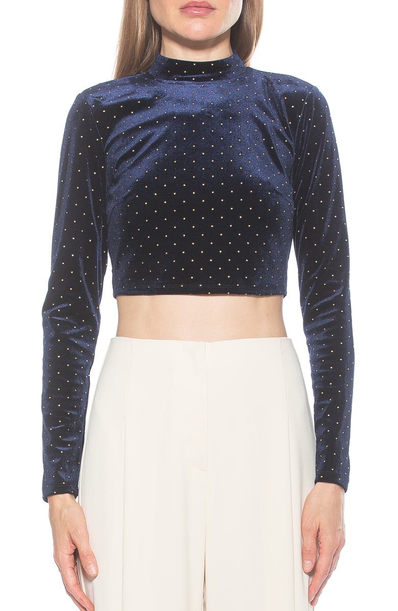 Alexia Admor Ari Long Sleeve Studded Velvet Crop Top, Main, color, Navy